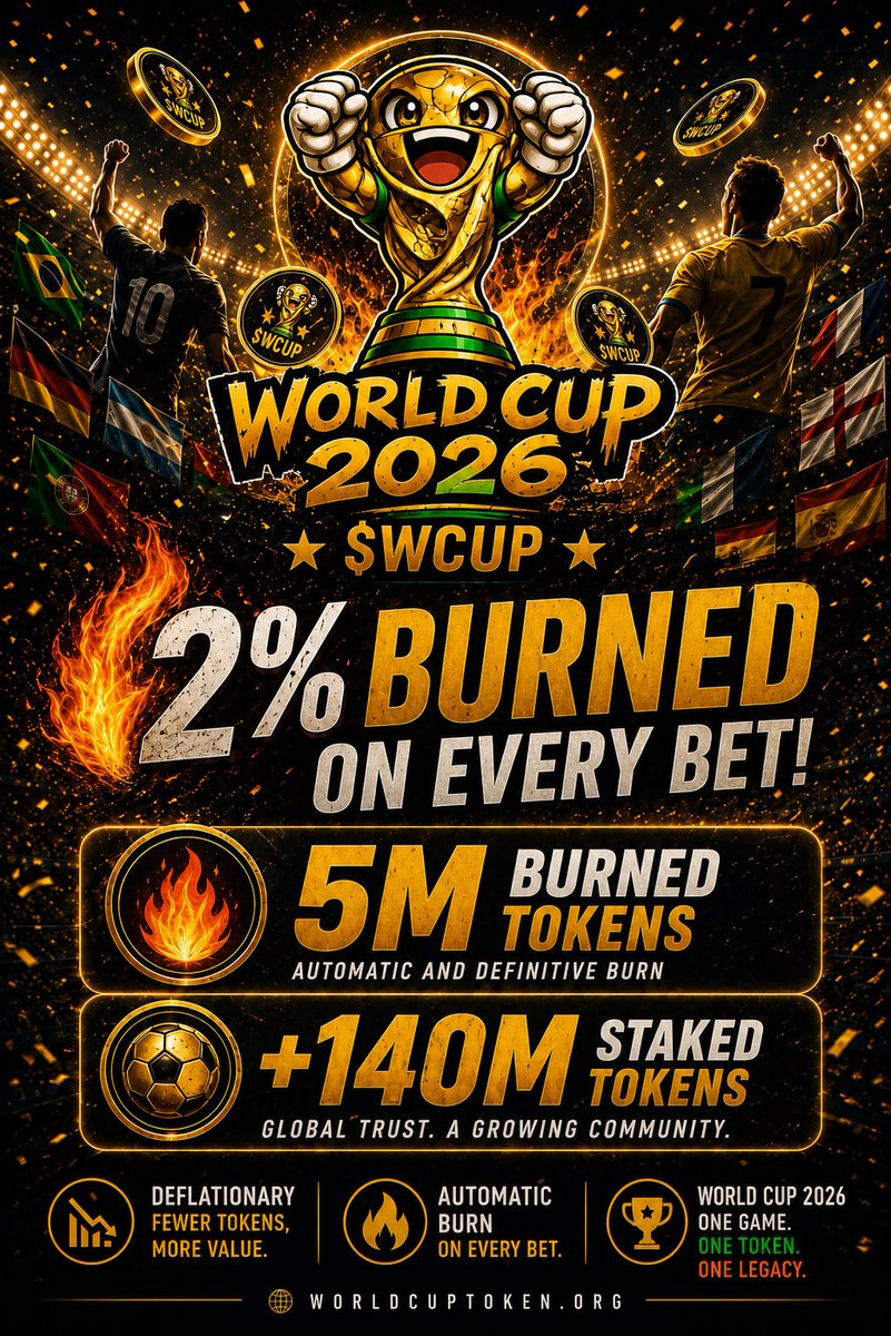 Wcup26Token's tweet photo. 🔥 5,000,000+ $WCUP already burned
⚽ 140,000,000+ $WCUP staked
📉 2% burned on every bet
Every match.
Every prediction.
Every burn.
The supply shrinks while the community grows.

$WCUP
8uyt2M978pnk1D78ixtvyERq73aGHWDP7HYx7W1qpump https://t.co/7PD3aPaB8V