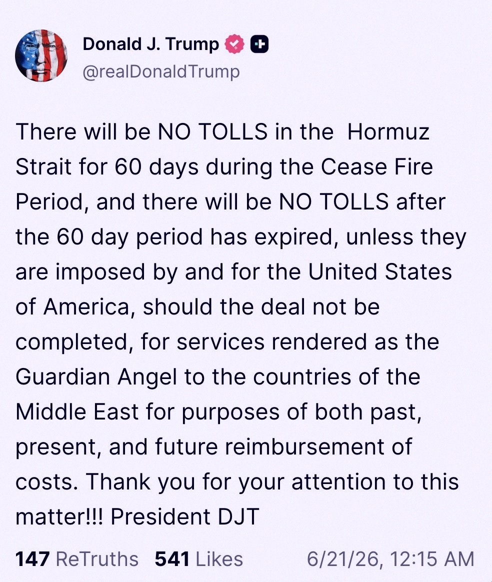 lbrades's tweet photo. 🚨 BIG NEWS:

🇺🇸🇮🇷 TRUMP JUST WENT PUBLIC WITH THIS:

"NO TOLLS IN THE HORMUZ STRAIT, UNLESS THE U.S. PUTS THEM THERE."

IRAN EARLIER SAID THE STRAIT IS SHUT DOWN

SOMETHING CRAZY IS GOING DOWN... https://t.co/GvB7Ph9esE