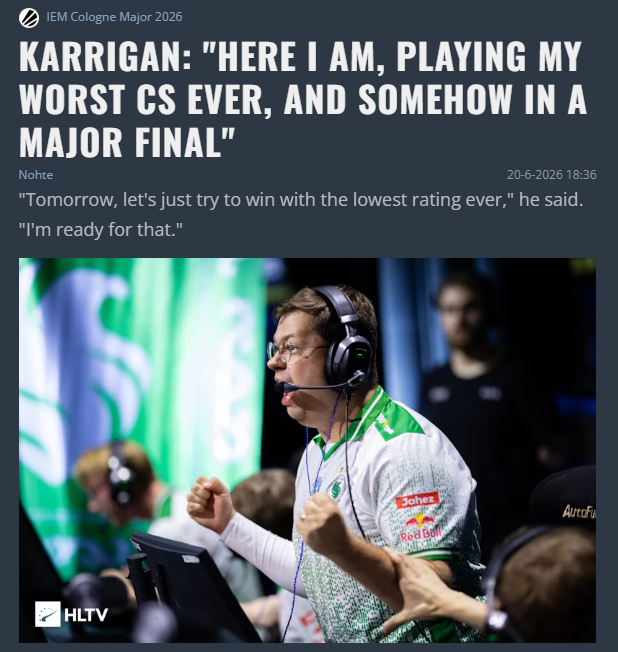 alfonavellaneda's tweet photo. karrigan: "Aca toy, jugando mi peor CS de todos los tiempos y de alguna manera en una final de Major"

"Mañana intentaremos ganar con el rating más bajo de la historia"

JAJAJAJJAAJJAJJJAJA CHAD https://t.co/bxh3Skc1PQ
