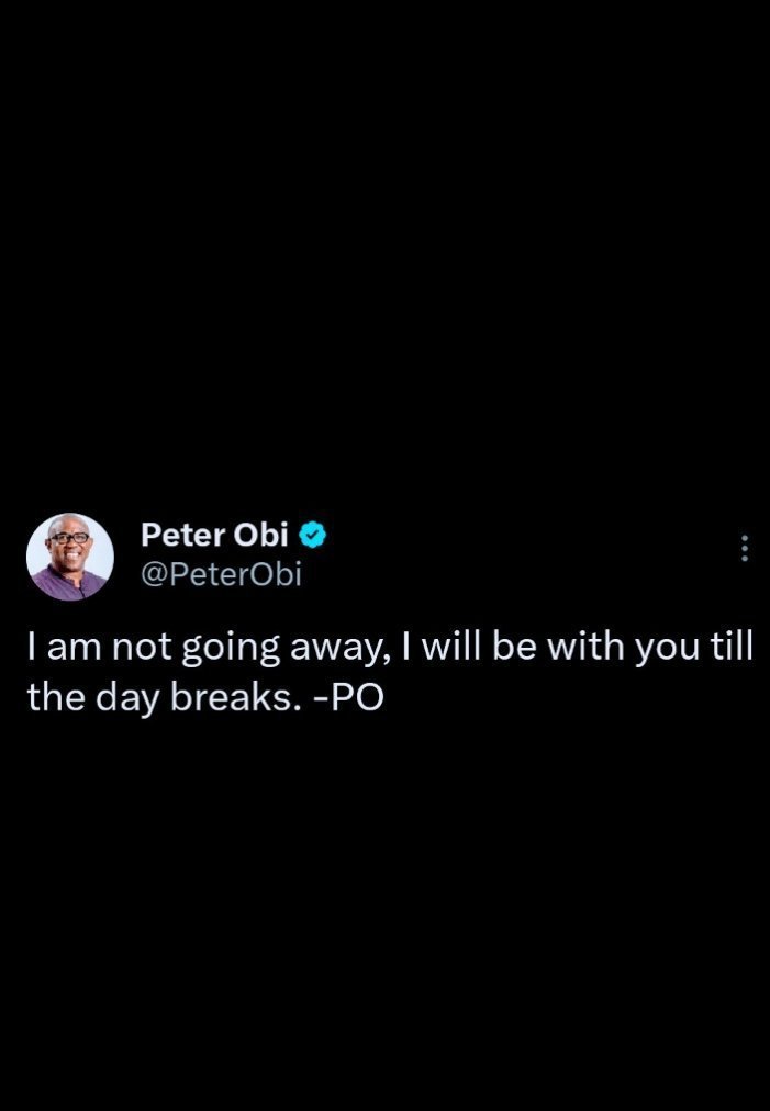 anthonyabakporo's tweet photo. As I type, tears 😢 just dropping from my eyes. Tears of joy to be alive and witness a man above men, whom God sent to deliver Nigerians from the shackles of the structure of criminality. 

Peter Obi tweeted this after our mandate was stolen and some of us wondered how he's going to be with us till day break. 

Suddenly, we saw him all over the nation investing into our future and welfare. From one school to another. One medical centre to another. Providing resources state and Federal government refused to provide. 

Peter Obi gives lavishly to humanity. 
He's not the richest man in Nigeria, 
but he is the RICHEST NIGERIAN ALIVE. 
Nigeria hasn't seen a consistent giver like him.
Majority of the rich in Nigeria don't think like him, they think luxury and waste.

Peter Obi has no reason to bother himself about us. He should be travelling all over the world, enjoying with his wife and children. But he said "I will not leave you, i will be with you till daybreak" 😭😭😭😭

Fellow Nigerians,
Heaven has smailed on us ! We must take it by force! Let's make up our mind to birth New Nigeria. Peter Obi or notting!
Let's do it !
Go and get your PVC massively!
