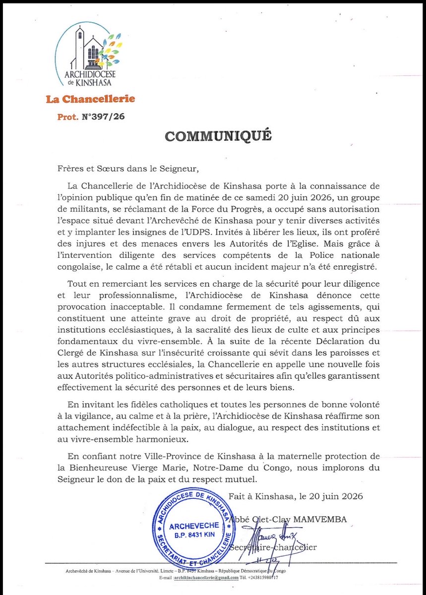 wembi_steve's tweet photo. #RDC: La Chancellerie de l'Archidiocèse de Kinshasa porte à la connaissance de l'opinion publique qu'en fin de matinée de ce samedi 20 juin 2026, un groupe de militants, se réclamant de la Force du Progrès, a occupé sans autorisation l'espace situé devant l'Archevêché de Kinshasa pour y tenir diverses activités et y implanter les insignes de l'UDPS. Invités à libérer les lieux, ils ont proféré des injures et des menaces envers les Autorités de l'Eglise. 👇👇👇👇