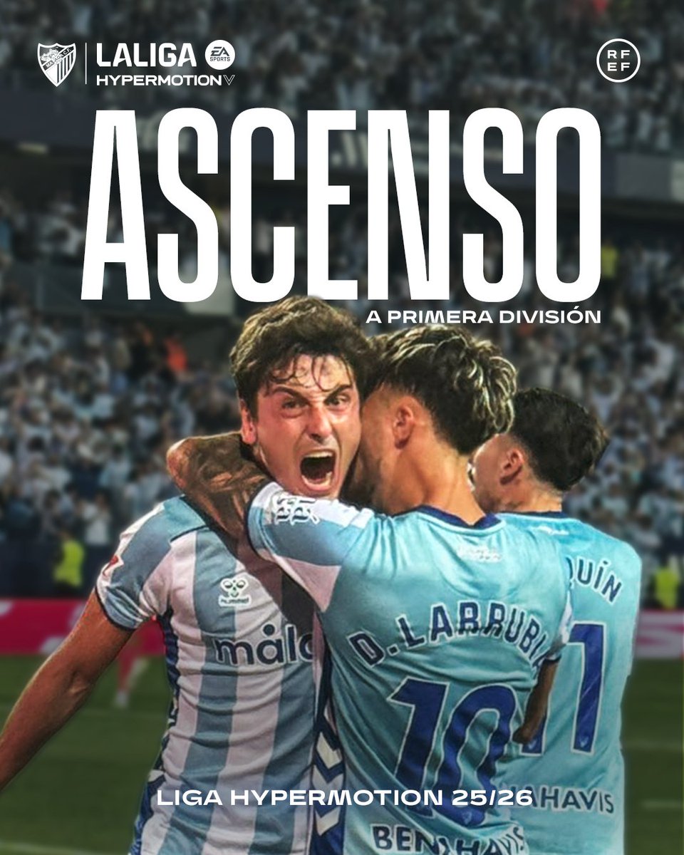 rfef's tweet photo. ⌛Ocho años, mucho trabajo e infinita ilusión después, lo habéis logrado:

¡𝗦𝗢𝗜𝗦 𝗘𝗤𝗨𝗜𝗣𝗢 𝗗𝗘 @LaLiga!

🙌 ¡Enhorabuena, @MalagaCF! 🙌 https://t.co/12fmfzv064
