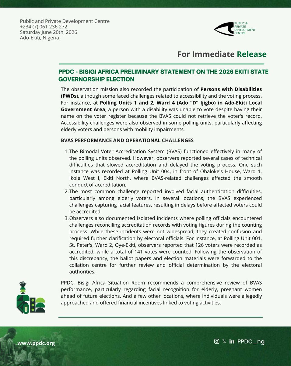 PPDC_ng's tweet photo. Preliminary Statement on the 2026 Ekiti Governorship Election

Public and Private Development Centre - PPDC @bisigiafrica and partner organisations have released their preliminary findings after deploying observers across all 16 LGAs in Ekiti State today.  

The Good:
Early deployment of election materials and officials.  
Orderly and largely peaceful conduct supported by professional security personnel.  

The Concerns:
Generally low voter turnout, though elderly participation was notable.  
BVAS facial authentication difficulties delaying voters.  
Isolated reports of vote buying and inducement, notably in parts of Ado-Ekiti.  

We urge INEC to review BVAS performance for future polls, security agencies to prosecute vote-buyers, and stakeholders to improve PWD accessibility.  

Swipe to read the full joint statement.

#EkitiDecides2026 #CivicEngagement #AccountabilityNow