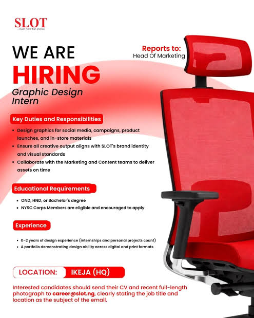 JobFinder9ja's tweet photo. Graphic Design Intern Needed at Slot Systems Limited

Location: Ikeja, Lagos

Requirement:
- OND, HND, or Bachelors degree in any discipline
- Graduates or NYSC Corps Members are eligible and encouraged to apply
- Graphic design skills and a creative mindset https://t.co/f2DpbmleCc