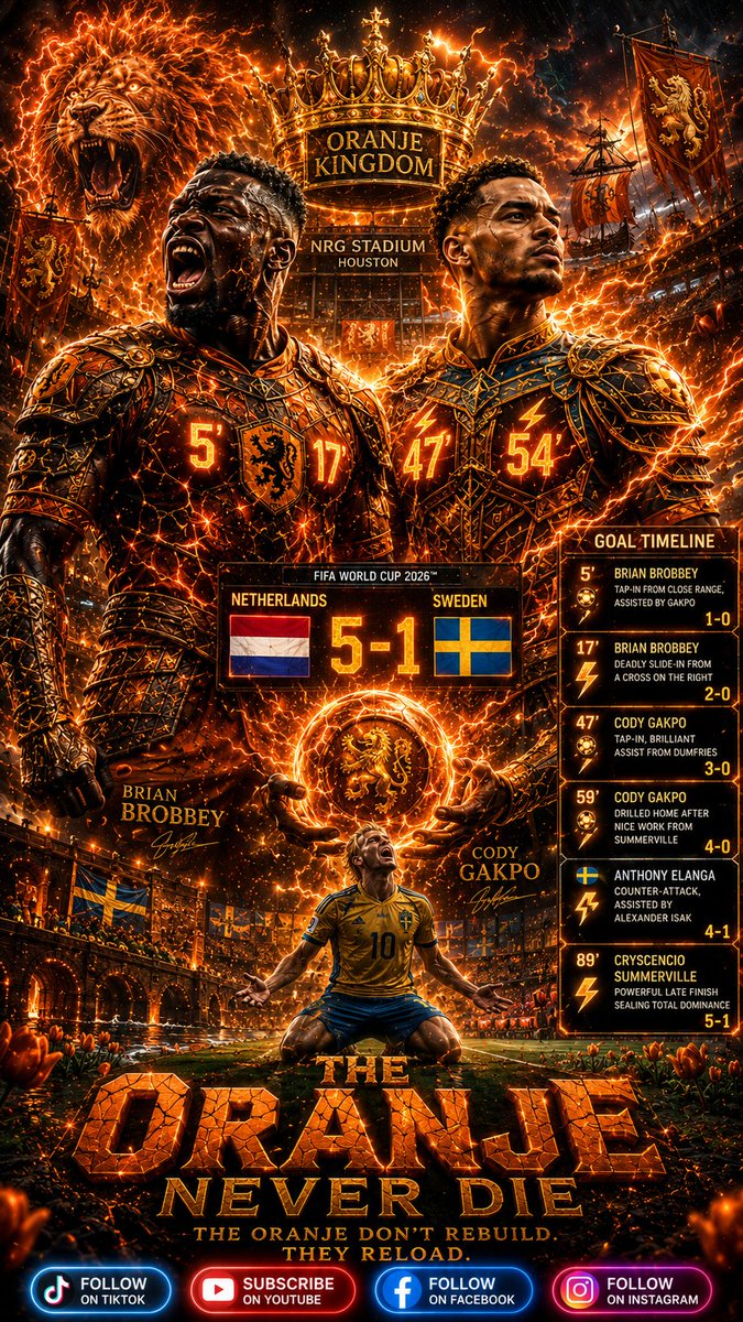 grayclasy's tweet photo. 🇳🇱 Netherlands didn’t just beat 🇸🇪 Sweden…

They sent a warning to every team left in this tournament ⚠️🥶

The Oranje look:

⚡ dangerous
🧠 deep
🔥 ruthless

Netherlands 5–1 Sweden | Houston
#NEDvSWE #Oranje #OranjeArmy #WorldCup2026 #fifaworldcup2026 🌷🔥💥 https://t.co/rT71NuOE9q