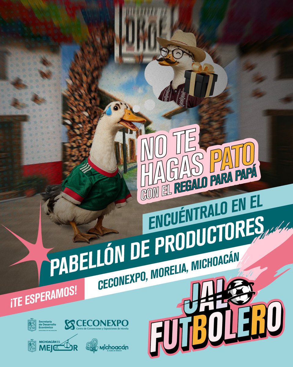 SEDECO_Mich's tweet photo. 🦆¡No te hagas pato! 🫵🏽 Si todavía buscas el regalo para papá, date una vuelta por el Pabellón de Productores de Jalo Futbolero. 

Encontrarás café, mezcal, artesanías, accesorios, textiles y muchas opciones más hechas por productores michoacanos 🎁🤩

#MichoacánEsMejor https://t.co/TgMkOnUbBZ