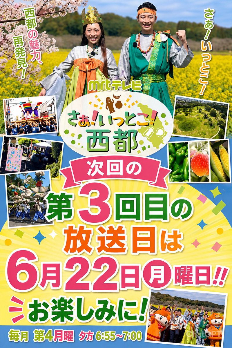 daisanhanasan's tweet photo. https://t.co/aGX1mXvbmZ
『さぁ！いっとこ！西都』
明日で3回目の放送！
観てね！

#dai華
#西都市
#mrtテレビ 
#さぁいっとこ西都 
@MinagwaD https://t.co/New4A9meS0