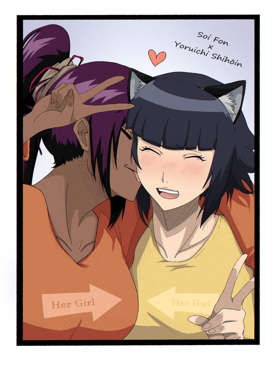 AlexiiArtPL's tweet photo. #bleach #soifon #yoruichi #yorusoi

🐝[Art from August 10, 2023]🐝

🐝+🐈‍⬛=❤️

Soi Fon visited her girlfriend Yoruichi in the human world. Afterwards, they went on a date to the mall, where they took a photo together. They also stopped by a few clothing stores and bought matching couple T-shirts. In the end, Yoruichi even bought Soi Fon a headband with cat ears to make her look even more like a cat.