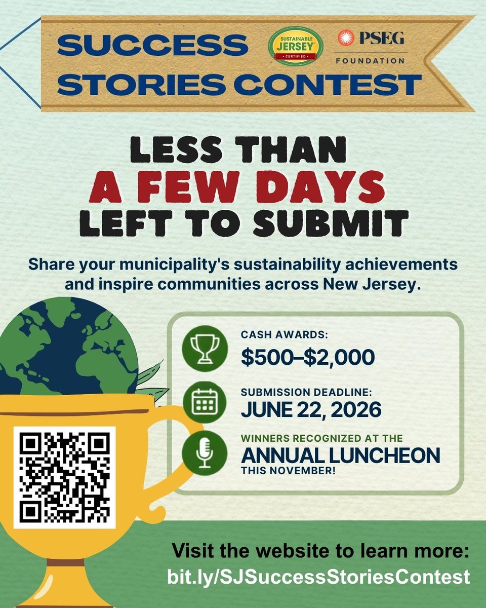 SJ_Program's tweet photo. Only a few days left! Deadline is Monday, June 22!
Don't miss your chance to showcase your municipality's sustainability success.

Winners will be recognized at the Sustainable Jersey Annual Awards Luncheon during the NJLM Conference this November.

Apply: https://t.co/u0If5IybLa https://t.co/LPkwAp3dMO