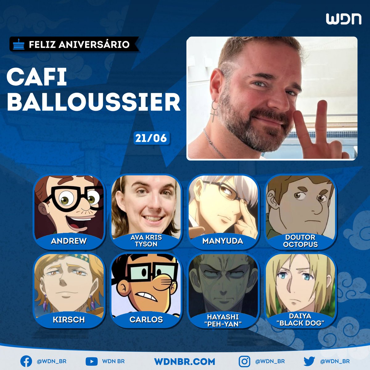 wdn_br's tweet photo. Voz do Andrew em Big Mouth e do Kirsch em Black Clover, hoje é aniversário do excelente dublador Cafi Balloussier! Desejamos um dia inundado de alegrias e muito sucesso para esse icônico ator de voz! 🎁🥳🎂🎊 https://t.co/7oWnbCDSXS