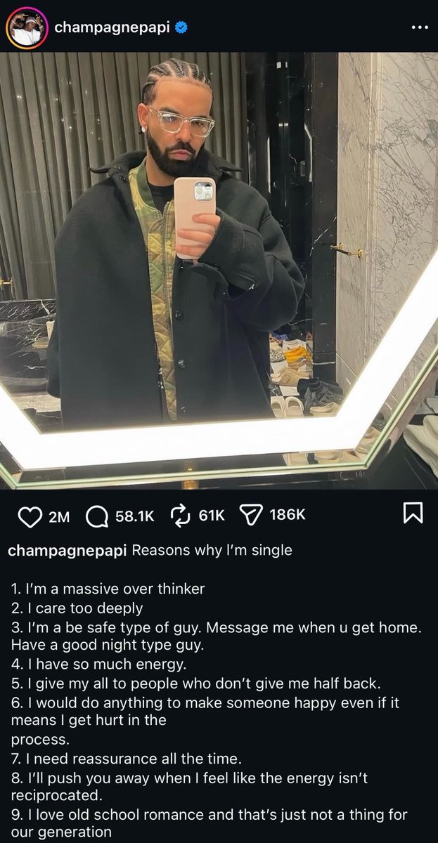 Emarged's tweet photo. Drake just posted “Reasons why I’m single”.. https://t.co/wJjdGqA1J2
