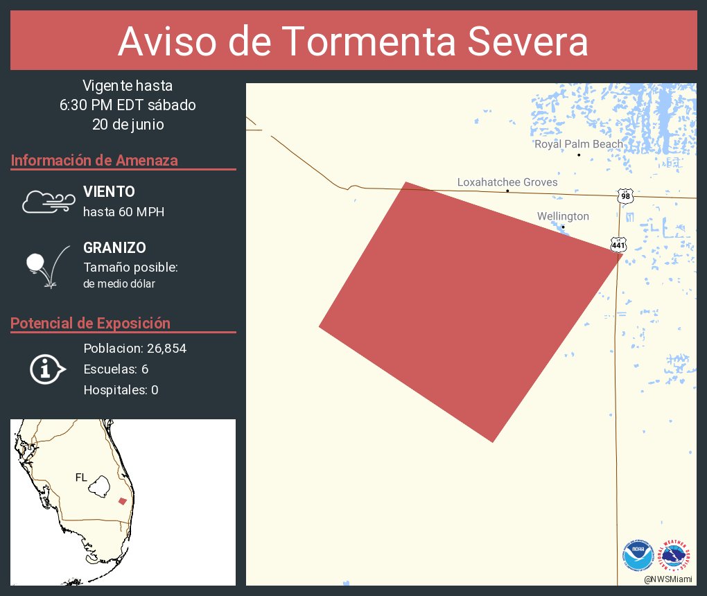 NWSMiami's tweet photo. Aviso de Tormenta Severa incluye Palm Beach County, FL hasta las 6:30 PM EDT https://t.co/cEAd28BdHa