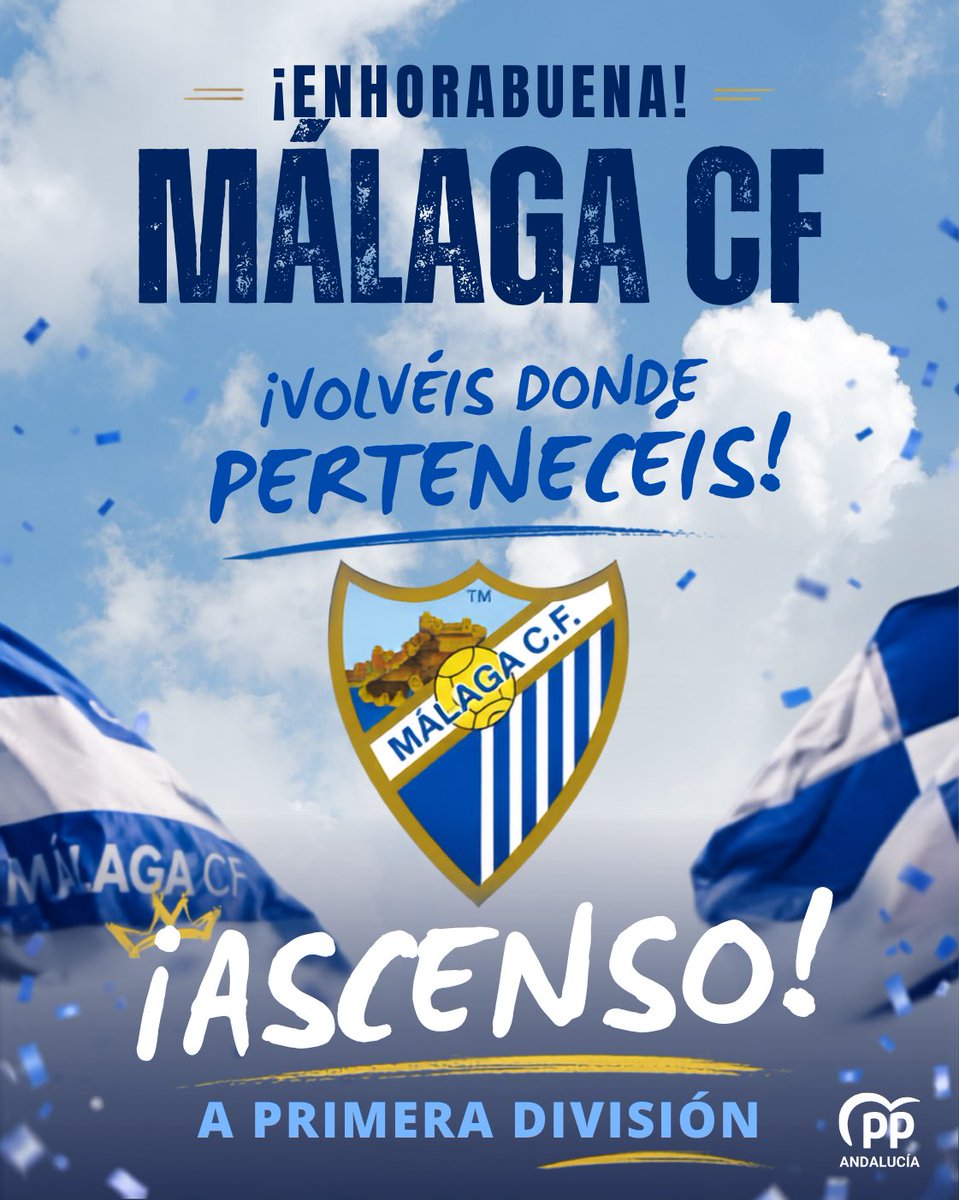 ppandaluz's tweet photo. 👏🏽 ¡EL MÁLAGA ES DE PRIMERA!

🩵🤍 ¡Enhorabuena a todo el malaguismo!

#Andalucía contará con un equipo más en primera división la próxima temporada. 

Nuestro cariño a la UD Almería, estamos convencidos de que el próximo año lucharéis para volver a la categoría que merecéis. https://t.co/awT1p8ylU2