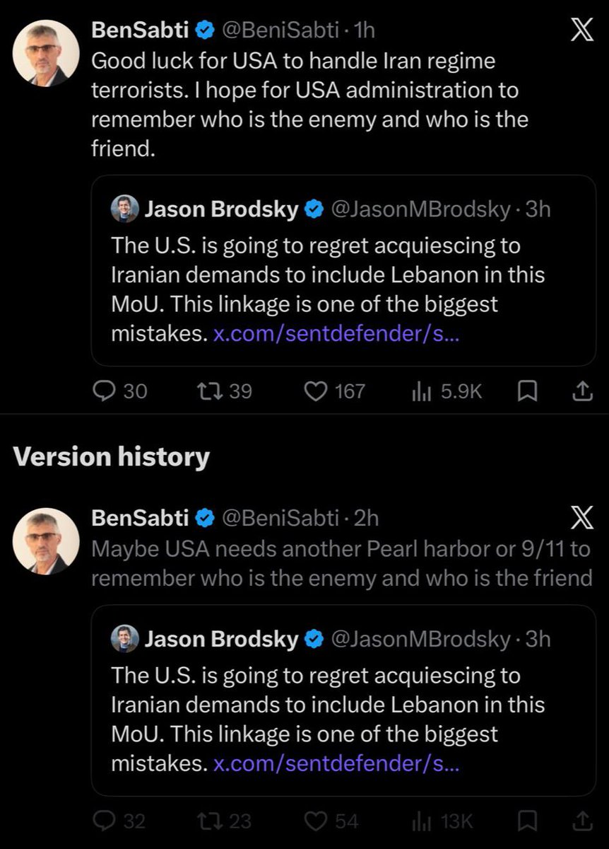 DD_Geopolitics's tweet photo. HOLY SHIT!! ISRAELI JOURNALIST SAYS USA NEEDS ANOTHER 9/11!!!

Beni Sabti, an Israeli journalist for i24 and Channel 12, says ‘maybe the USA needs another Pearl Harbor or 9/11’ to realize that Israel is their true friend. He edited the post without realizing previous edits are viewable.

Absolutely unhinged and deranged. God help Americans.