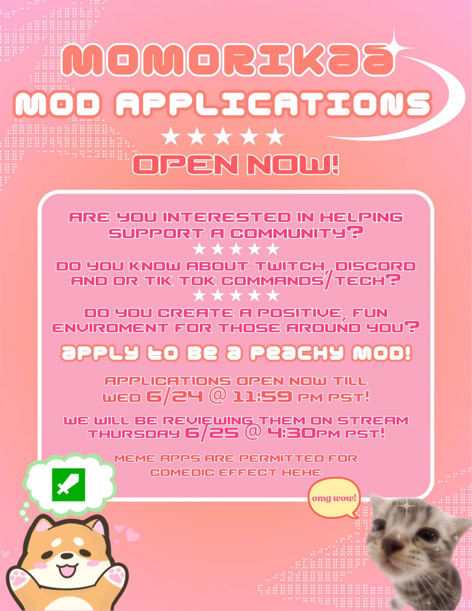 momorikaa's tweet photo. HEY YOU! 💗

Do you have what it takes to be a peachy mod?

🩷Mod applications are now open! see flyer below for details! 🩷

✨application form 👇👇👇✨

(silly joke apps are permitted as we are reviewing them on stream! :3) https://t.co/pIq9Jwgxk1