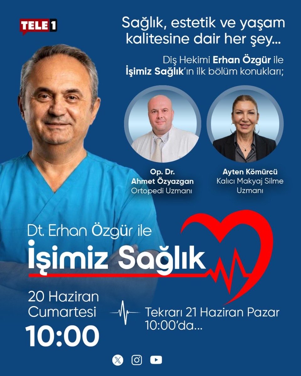 dterhanozgur's tweet photo. Dt Erhan Özgür ile “İşimiz Sağlık” programı her cumartesi ve pazar günleri saat 10:00-11:00 arası TELE 1 ekranlarında sizlerle… https://t.co/W1jkDffvjm