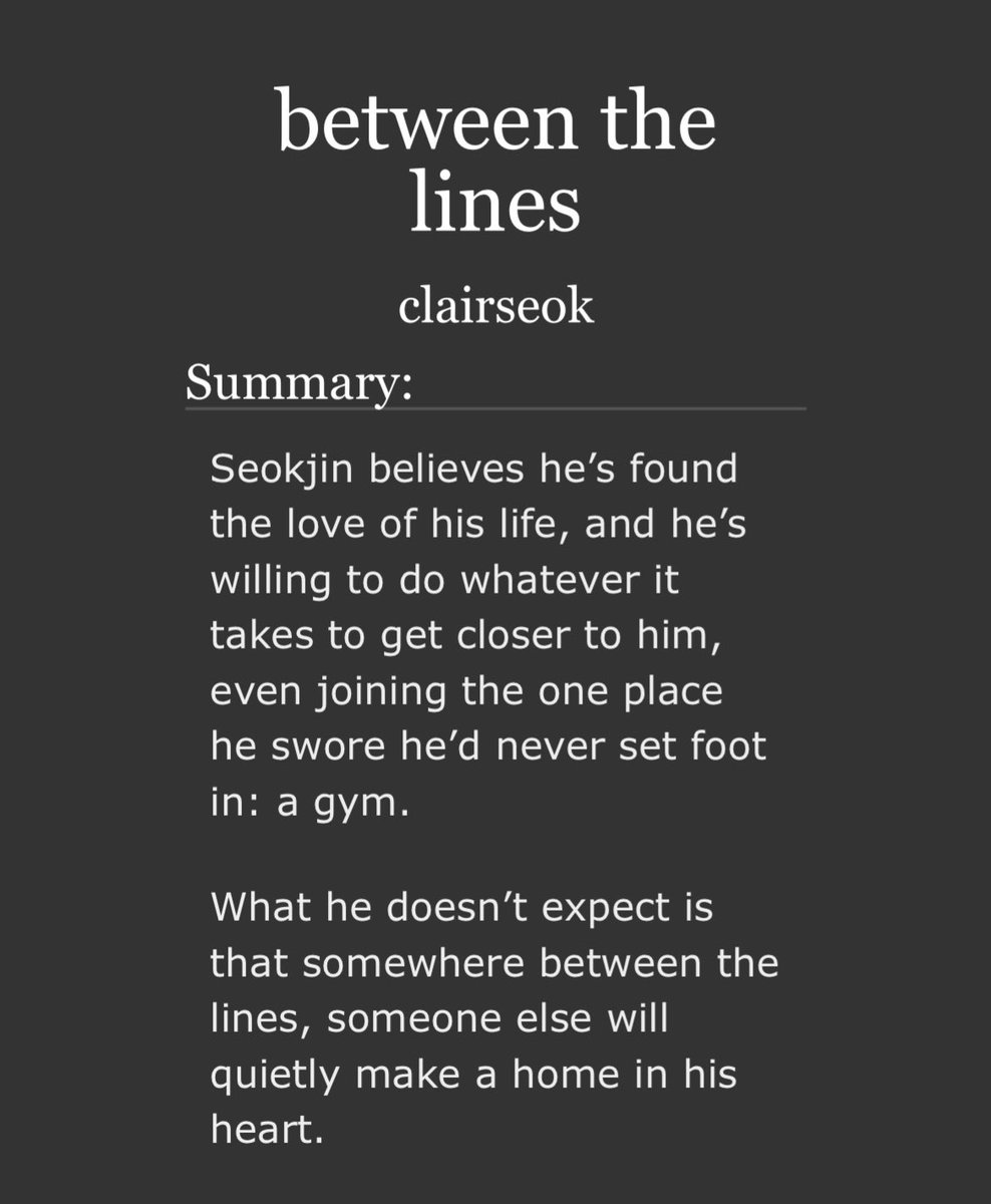 clairseokao3's tweet photo. between the lines 

• jinkook 
• 3/?
• friends to lovers 
• jungkook is seokjin's personal trainer 
• fluff / happy ending 

• https://t.co/nFdV5fCDQz https://t.co/mWp7nr742e