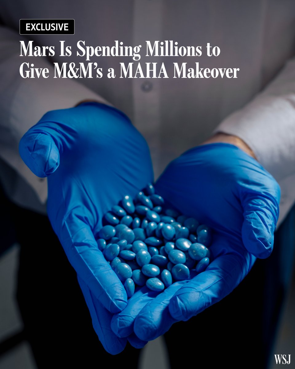 WSJ's tweet photo. Candy maker Mars will debut a version of M&amp;M’s made without artificial dyes in August, but the bags of chocolate will be missing two hallmarks: The colors brown and blue. 🔗 https://t.co/AR7kFCMBMR https://t.co/hYKINxVXzk