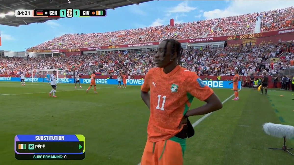 ANSisHere's tweet photo. 85': 🇩🇪 [1-1] 🇨🇮

YAN DIOMANDÉ leaves the pitch for Nicolas Pépé.

#FIFAWorldCup #DFBTeam #ElephantsEnMarche #TousDerriereLesElephants #CDM2026 https://t.co/3tyzi0Abpy