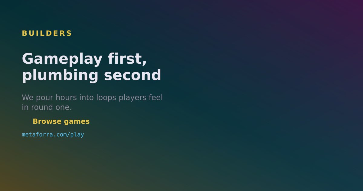 metaforra_com's tweet photo. Zero-friction session plan
Gameplay first, plumbing second
- Open the link
- Skim the hook
- Play / explore for 60 seconds
https://t.co/lhkR8kl60c
#IndieDev #GameDesign #METAFORRA
@solana @orca_so https://t.co/ll5v7OjcoT