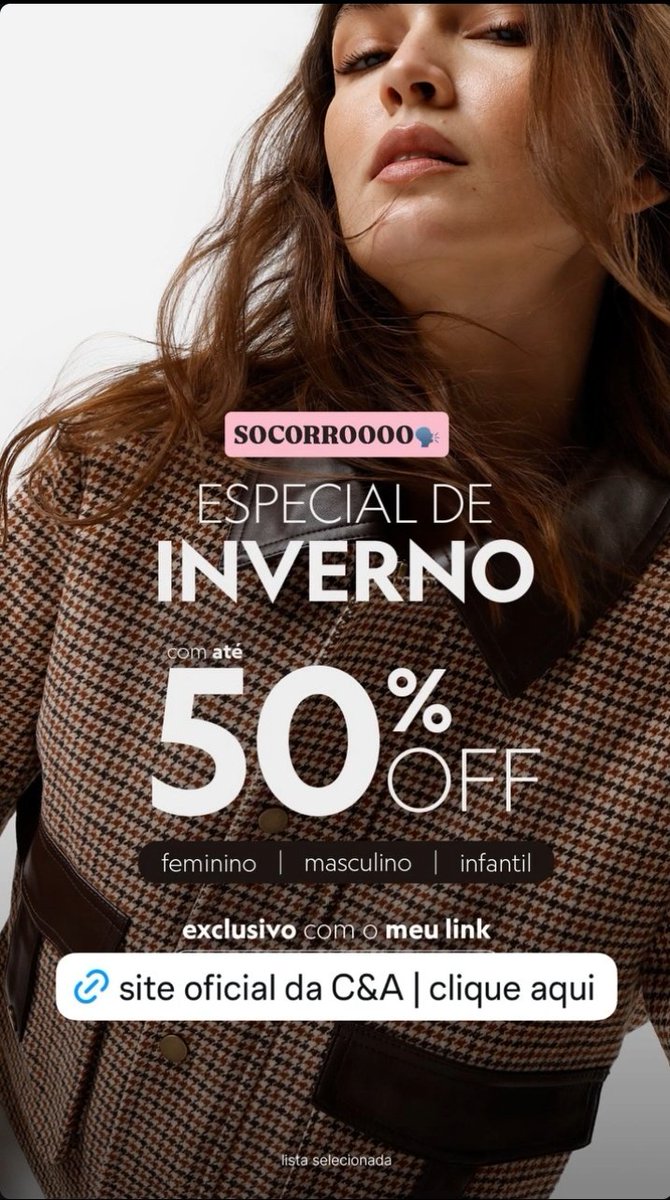 Sh_lehlys's tweet photo. SOCORROOOO! 🚨 O Especial de Inverno C&A chegou com até 50% OFF em moda feminina, masculina e infantil! 🛍️ Exclusivo pelo meu link. Clique e aproveite! https://t.co/Dw5D3LdnYf
#C&A #EspecialDeInverno #ModaFeminina #ModaMasculina #ModaInfantil #Desconto #Promoção https://t.co/AyzAclgqXs