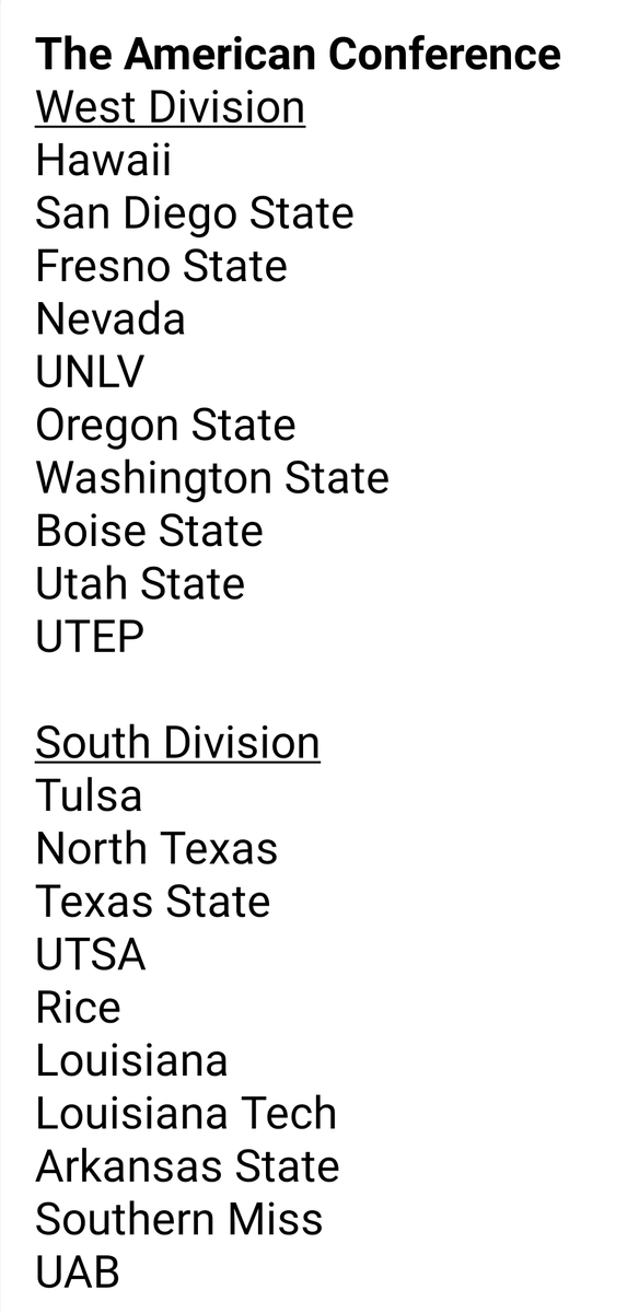 ScottStade's tweet photo. The American Conference (40 remaining G6) 4 Divisions --
West Division, South Division, North Division, and East Division... https://t.co/kjKY9nm8QI