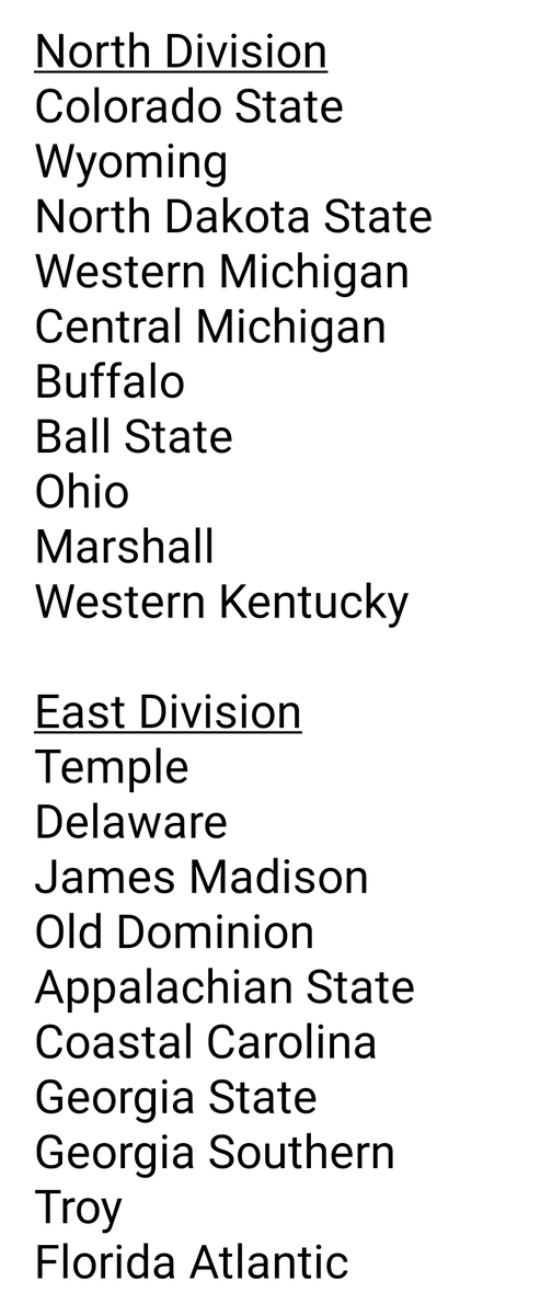 ScottStade's tweet photo. The American Conference (40 remaining G6) 4 Divisions --
West Division, South Division, North Division, and East Division... https://t.co/kjKY9nm8QI