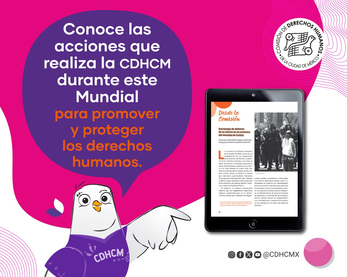 CDHCMX's tweet photo. Durante el desarrollo del #Mundial2026 ⚽️, la #CDHCM activa mecanismos de protección en tiempo real.

Entérate de nuestra estrategia en la revista #CiudadDefensora:

https://t.co/OHZ9azGCh8 https://t.co/GaGpA62lvS