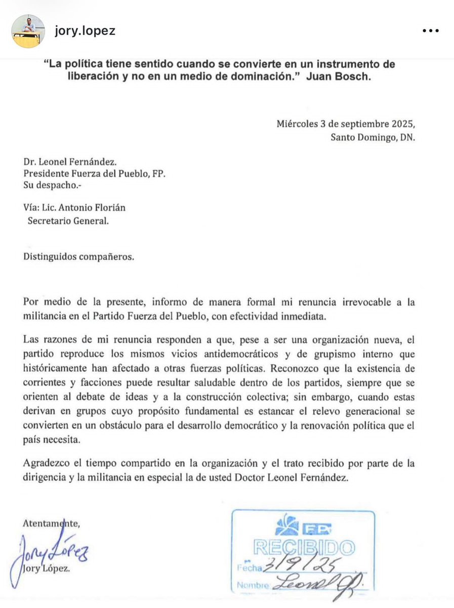 jesusgj14's tweet photo. Comparto la carta de renuncia del amigo @Jorylopez01 de la FP, de fecha 3 de septiembre del 2025.

En la misma él, advirtió todo lo que está ocurriendo en la FP producto de la aplicación de los mismos vicios democráticos que dijeron dejar en el PLD para crear un nuevo partido. https://t.co/FSXbztUBK2