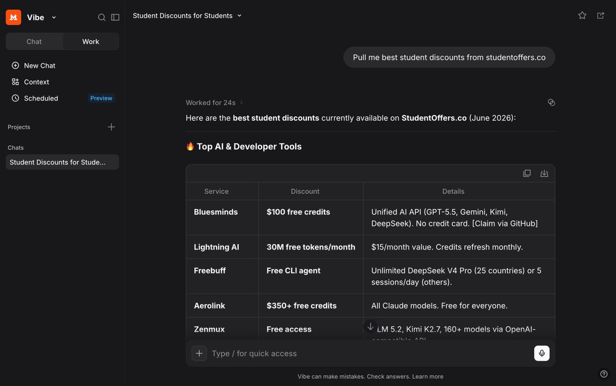 Result table listing concrete student discounts across AI and developer tools