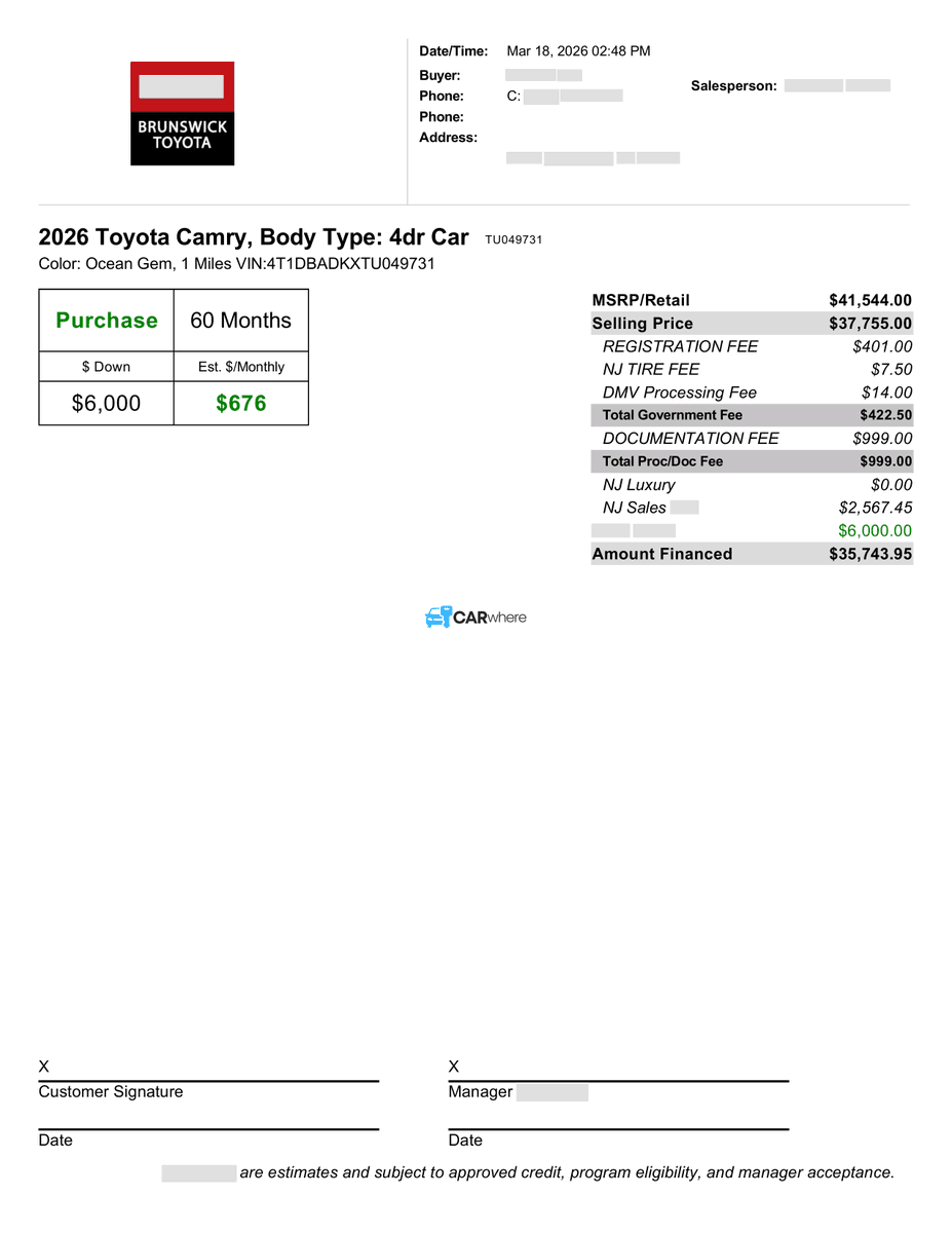 CarWhereHQ's tweet photo. 📄 Real deal breakdown: 2026 Toyota Camry

This buyer saved $3,789 off MSRP. Here's exactly how the numbers work.

Redacted deal sheet attached 👇 https://t.co/GwJsSGIBWn
