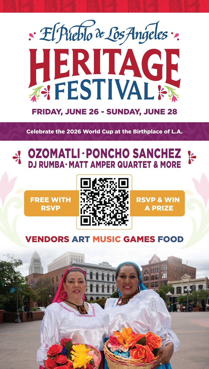 LACity's tweet photo. 🎉 The inaugural El Pueblo de Los Angeles Heritage Festival takes place June 26–28. Celebrate Angelenos’ shared living history at the Birthplace of L.A. with live music, food, and World Cup excitement. Admission is free. Plan your weekend: https://t.co/olnSXyI1tD https://t.co/mMz8Rp2496
