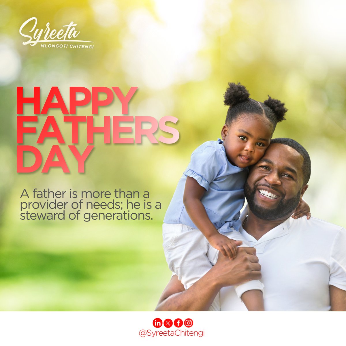 SyreetaChitengi's tweet photo. One of the greatest forms of leadership is fatherhood.

Today, we honour fathers, grandfathers, mentors, and father figures who continue to invest in others with patience, wisdom, and integrity.

Happy Father's Day!

#HappyFathersDay #Legacy #Fatherhood https://t.co/FLzyjM5rsH