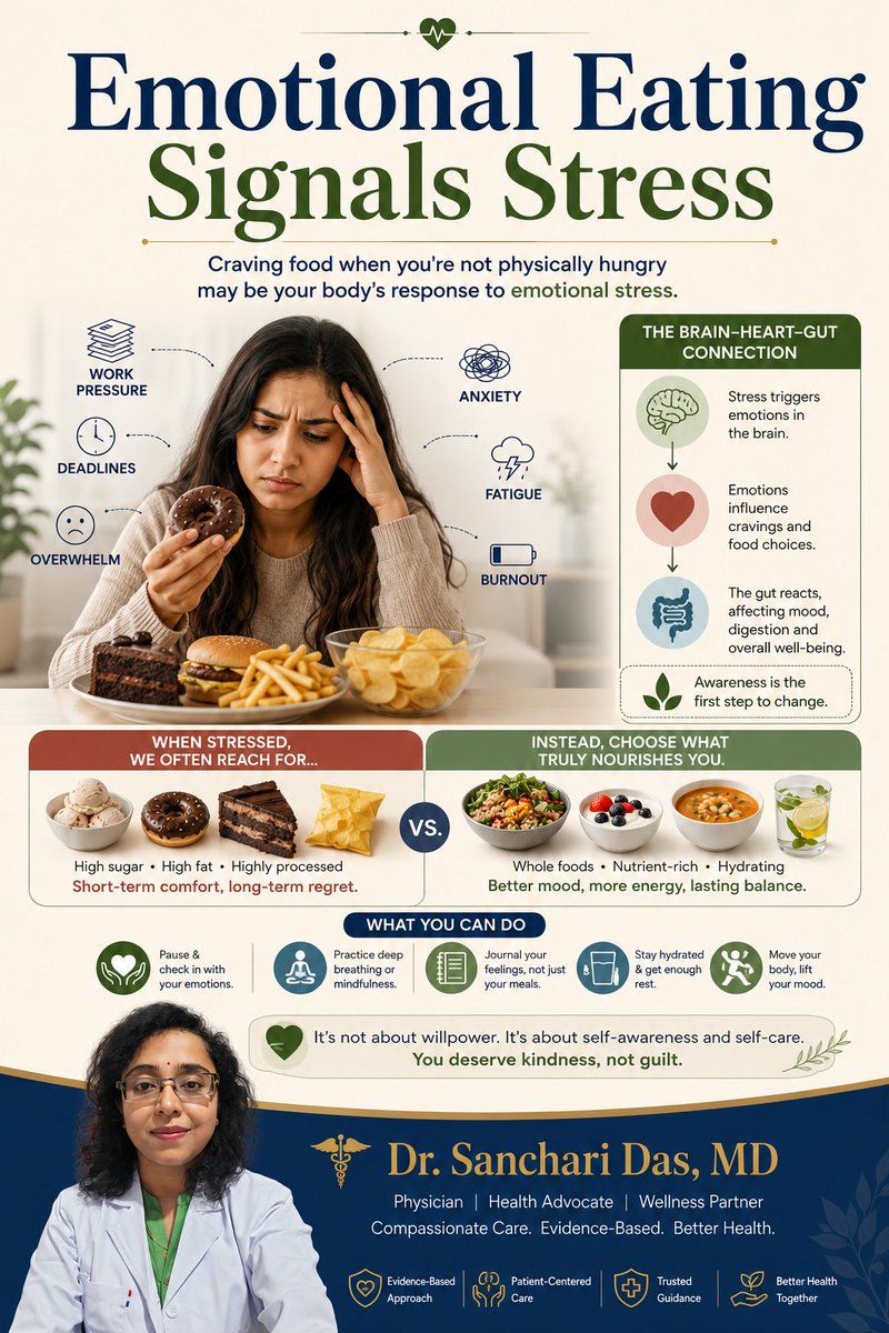 docsancharidas's tweet photo. Emotional eating often reflects underlying stress rather than true hunger. Food becomes a coping response. Recognizing triggers and addressing stress patterns is essential for long-term behavioral and metabolic health.
#EmotionalEating #StressManagement #MindfulEating https://t.co/5lsEjc5bSM