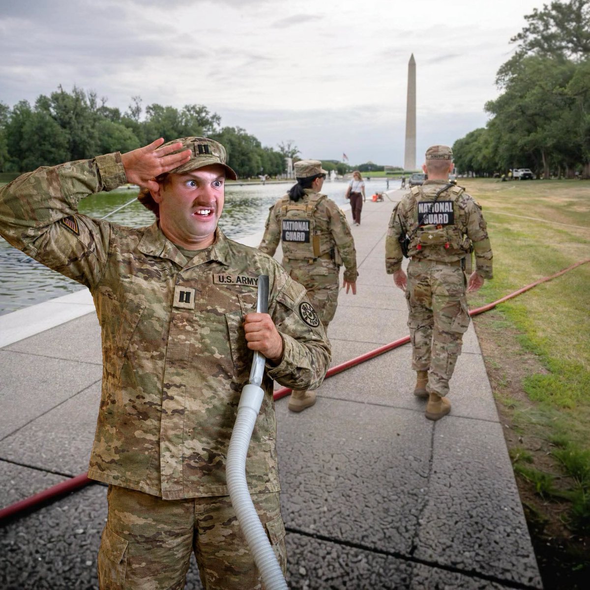 moneyfirstralph's tweet photo. #NationalGuard troops have now been positioned around the #ReflectingPool, preventing souvenir hunters from removing loose American Flag Blue sealant pieces, and protecting American algae from all enemies, foreign and domestic... #fucktrump #lockhimup #Felon47 #pedo #Rapist https://t.co/6P75fdkl6t
