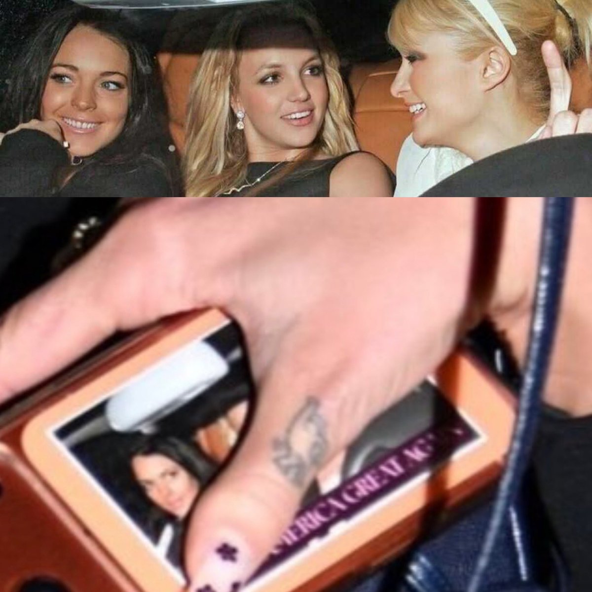 valpharo's tweet photo. @XNinaross_ Wait a minute, does Dua has  a picture of Britney, Lindsay, and Paris on the back of her iPhone? 🤩🤩🤩 https://t.co/KkFryoYR4m