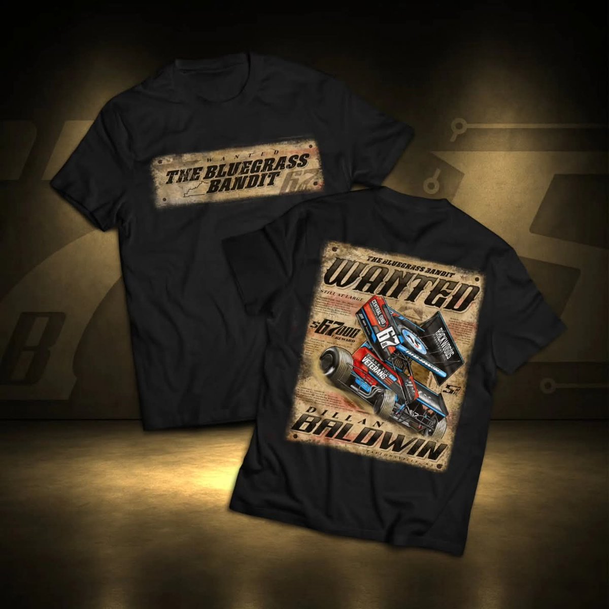SlickRaceGfx's tweet photo. A unique but fun shirt design done up for the Bluegrass Bandit, @DBRacing67 

Credit to @DunewichOnDirt for the nickname of course 🤘

#BluegrassBandit #sprintcarracing #wanted https://t.co/Ha3VmoSSgH
