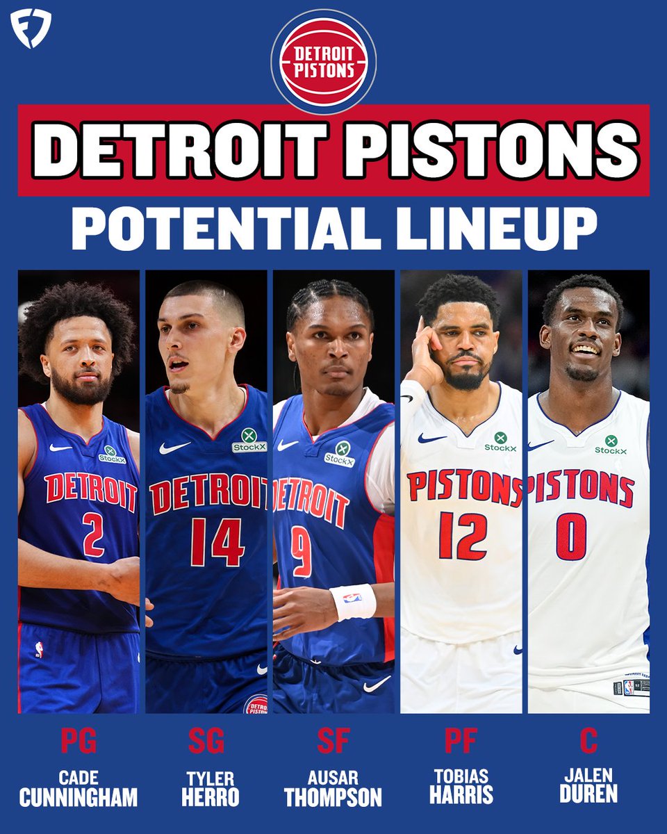 FanDuel's tweet photo. CADE. 
HERRO. 
AUSAR.
TOBIAS. 
DUREN. 

Who would stop this Pistons lineup? 😳 https://t.co/63sqHU5YCh