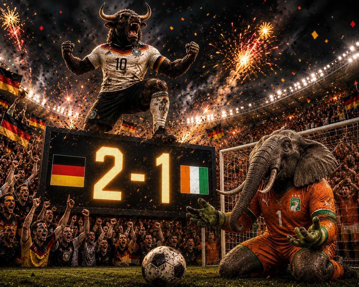 Buffyxrp's tweet photo. @PopBase The Elephant woke the Bull up.
That may have been a mistake. 🦬⚽🔥
🇩🇪 2️⃣-1️⃣ 🇨🇮
#WorldCup #GERCIV #Soccer #WorldCup2026 # #deutschland #dfbteam #tor #FIFALive https://t.co/hKdPx2hGNC