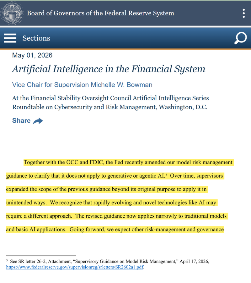 Dagnum_PI's tweet photo. 🇺🇸 Federal Reserve just admitted existing model risk management guidance doesn't apply to generative or agentic AI.

New governance frameworks are coming but haven't been written yet.

Banks are deploying AI agents into regulated workflows with no audit standard for agent decisions. 

The Fed knows it. 
The OCC knows it. 
The FDIC knows it.

Whoever solves tamper-proof decision provenance for autonomous agents owns the compliance layer for the entire financial system. $DAG $AIAI