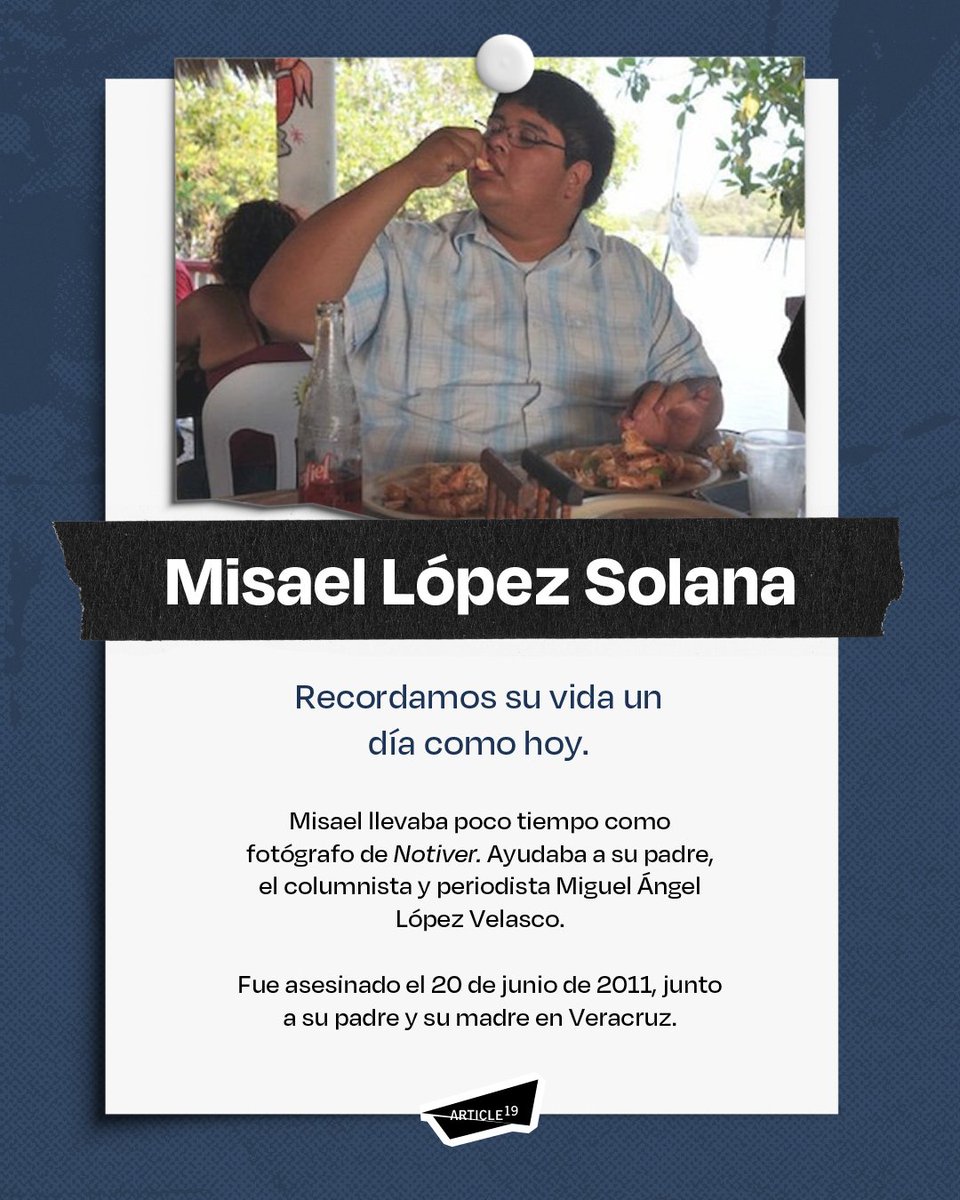 article19mxca's tweet photo. 🕯️ El 20 de junio de 2011, asesinaron a Misael López Solana, junto a su padre y madre.

📸 Misael llevaba poco tiempo como fotógrafo y ayudante de su padre en Notiver.

¡Seguimos exigiendo justicia por Misael! https://t.co/9u2hnPXrOx