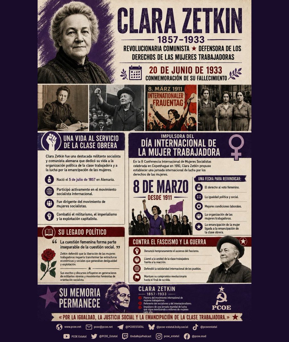 PCOE_estatal's tweet photo. El 20 de junio de 1933 fallecía Clara Zetkin, revolucionaria comunista alemana que impulsó, desde el 8 de marzo de 1911, la celebración del Día Internacional de la Mujer como jornada reivindicativa por los derechos de las mujeres obreras. https://t.co/39a3fQvLLW