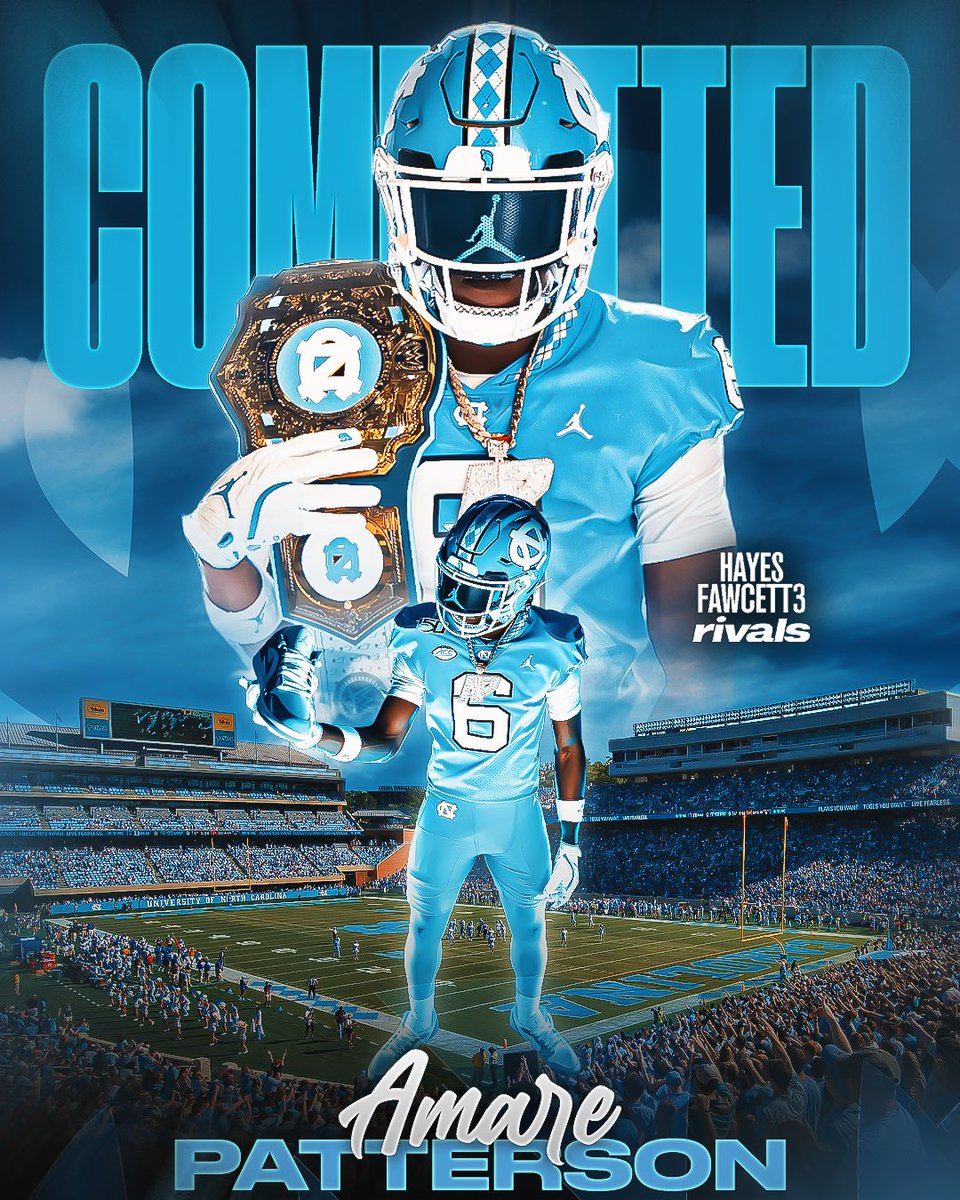 Hayesfawcett3's tweet photo. BREAKING: Four-Star WR Amare Patterson has Committed to North Carolina, he tells me for @Rivals

The 6’1 185 WR chose the Tar Heels over South Carolina, Georgia, and Georgia Tech

https://t.co/fA2cBpbwG6 https://t.co/Ix50pYaauH