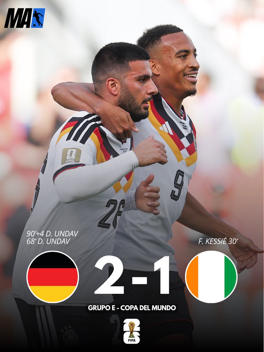 MaxAnalista07's tweet photo. ¡ALEMANIA LO DA VUELTA EN EL ÚLTIMO SUSPIRO! 🇩🇪🔥

¡Final no apto para cardíacos! El conjunto teutón sufrió de más, pero terminó venciendo por 2-1 a Costa de Marfil gracias a un doblete imperial de Deniz Undav. El delantero apareció al 68’ para el empate y desató la locura total https://t.co/eklt0DaN8i