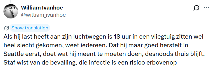 william_ivanhoe's tweet photo. @sporza Hij heeft al weken last van zijn luchtwegen, de mogelijke op- en afreis omwille van bevalling was ook gekend op voorhand. Medisch is de selectie samen met de geplande extra reizen moeilijk te verantwoorden voor een verre doorstoot in het WK en Doku's situatie. Niet transparant. https://t.co/2EwM6etG8c