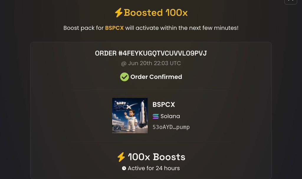 BABYSPACE_X_'s tweet photo. The first X100 Boosts have been added to $BSPCX.

More updates are on the way. Stay locked in. 🚀

53oAYDLmA9jL75MGbGYnrnnWydV94MU5NgaAneqWpump https://t.co/MXs5SYf6na