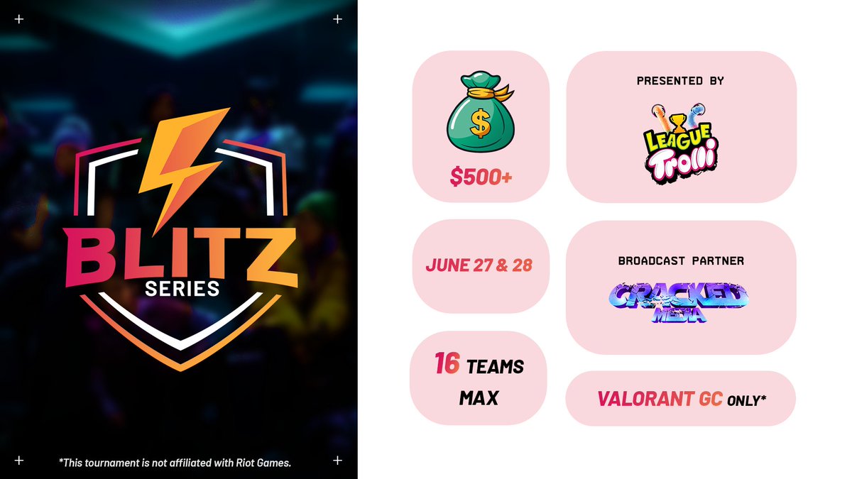 TenaxTourneys's tweet photo. Tenax Blitz Series is back for its third edition! Presented by @trolli_usa and broadcasted in partnership with @cracked_media. Links below ⬇️

⚡️ $40 Entry Fee
🪙 $500+ Prize Pool
📅 June 27 & 28
👾 16 Team Slots 

Blitz is a two day Valorant event for GC designed to inspire competition in an action packed weekend.