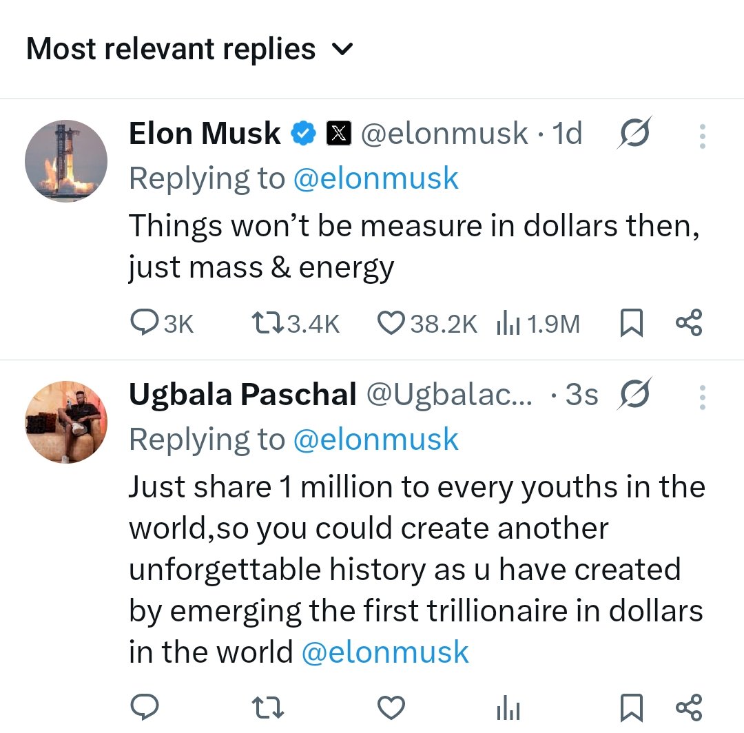 Ugbalachuks's tweet photo. Breaking news 
Ugbala paschal advice the trillionare @elonmusk on how to create more history that could elevate alot youths out of poverty. https://t.co/Hw5Edn0sQH