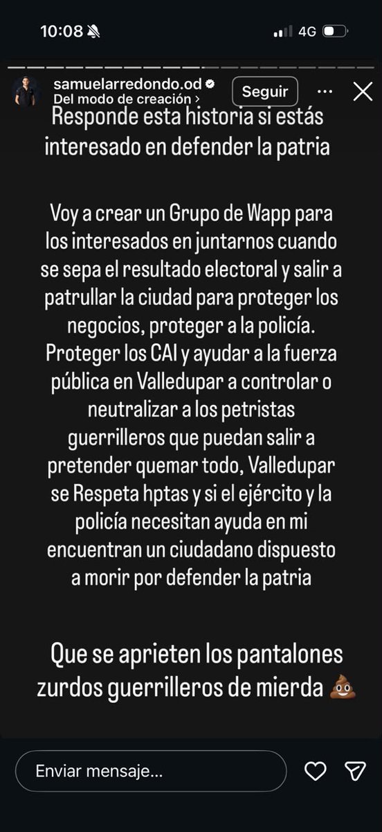 Nayleabarros's tweet photo. ¡Alerta! 🚨Denunciamos una operación violenta organizada desde Valledupar por sectores de la campaña de @AbelardoPTE .Grupos liderados por el odontólogo SAMUEL ARREDONDO planean salir este domingo a agredir a votantes y militantes de izquierda. En sus chats se leen amenazas explícitas: “hay que matar a esos petristas”, junto a imágenes de armas para “exterminar a la izquierda”. Esto constituye incitación al asesinato y formación de grupos paramilitares.

 Hacemos un llamado urgente a la @policia  @FiscaliaCol  al presidente  @petrogustavo    para garantizar la seguridad en la jornada electoral. El abogado @migueldelrioabg  iniciará de inmediato las acciones legales contra los involucrados. No permitiremos que el odio y la violencia se impongan.

 ¡No nos intimidarán!