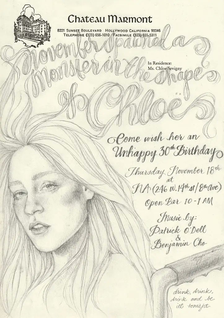 patchtopia's tweet photo. invitation to chloë sevigny’s 30th birthday party at the chateau marmont, 2004 https://t.co/KjUWbNxFdr